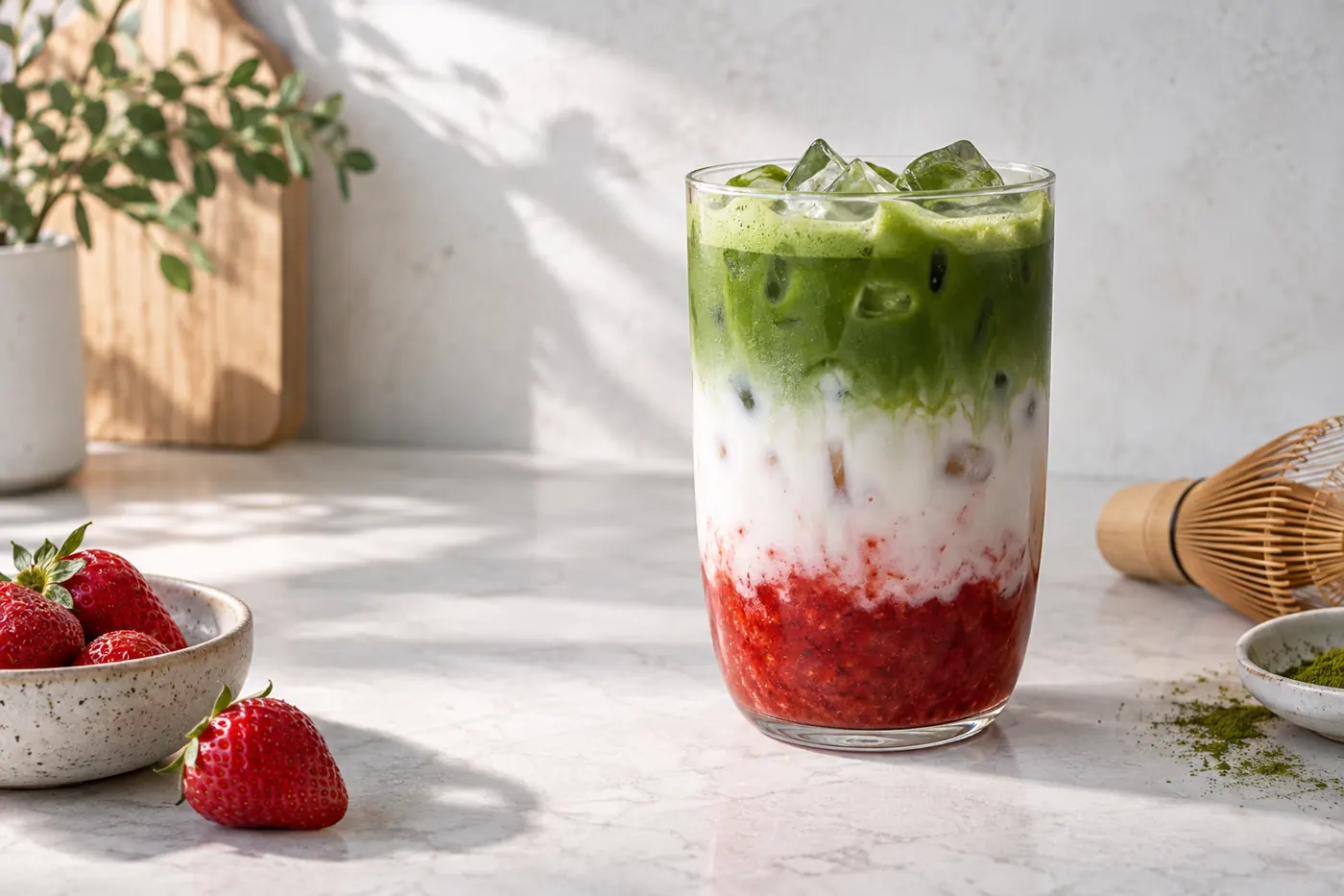 Strawberry puree, milk and matcha in a clear iced glass